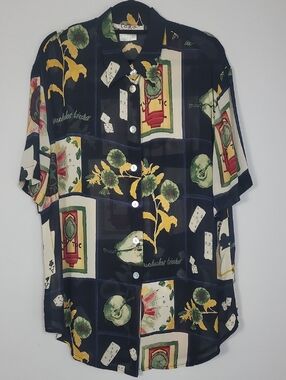 Vintage Como Wearable Art Button Up Shirt Size L Sunflowers Clocks Rayon Artsy